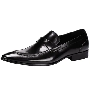 Men's classic black leather penny loafers with a sleek pointed toe and glossy finish.