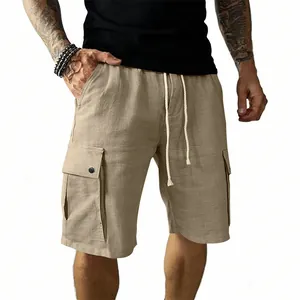 Detail view of men's khaki linen cargo shorts with drawstring waist and side pockets.