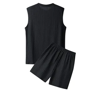 Detailed view of men's two-piece set featuring a black ribbed tank top and shorts