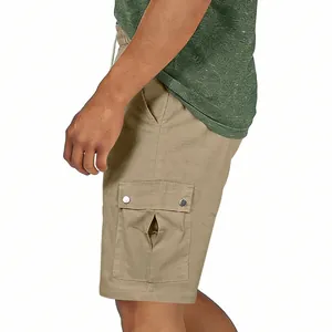 Side-view detail showing the cargo pocket and slub cotton fabric of khaki men's casual shorts
