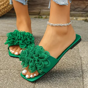 Stylish green flat sandals with large 3D fabric flower embellishments for women