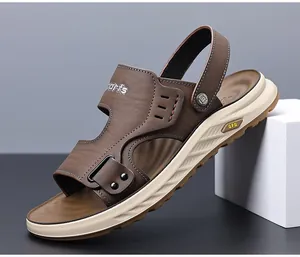 Sandales en cuir marron pour hommes avec bride réglable respirante et semelle souple