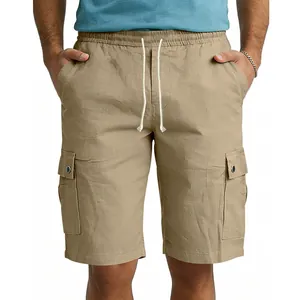 Men's khaki linen cargo shorts with elastic drawstring waist and side pockets.