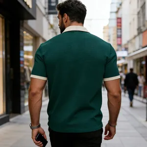 Detailed back view of a men's green waffle texture Polo shirt with cream contrast collar