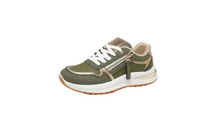 Vista detallada de una zapatilla de moda patchwork verde oliva y oro para mujer