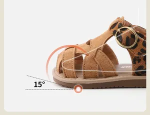 Detail einer Mädchen-Sandale mit Leopardenmuster und ergonomischer 15-Grad-Zehenschutzkappe.
