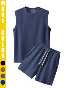 Men's European Size Vacation Casual 2 Piece Set Ribbed Sleeveless Tank Top And Drawstring Shorts Summer Beach Outfit Polyester
