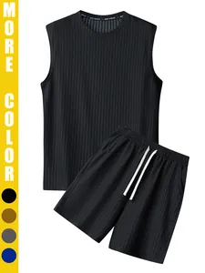 Men's black ribbed two-piece casual vacation set with sleeveless tank top and shorts