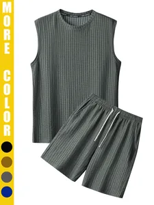 Men's two-piece beach vacation set with ribbed sleeveless tank top and shorts in grey