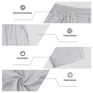 Detail views of slub linen cotton shorts showing waistband, pockets, and fabric