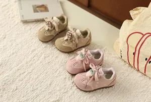 Sweet floral girl's sneakers in pink and beige with cute fruit and mushroom details