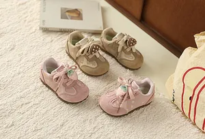 Sweet floral toddler girl sneakers in pink and brown with mushroom strawberry decor