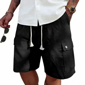 Detail of men's linen-cotton cargo shorts with elastic drawstring waist and side pocket