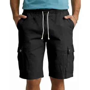 Close-up of men's black cargo shorts featuring drawstring waist and flap pockets