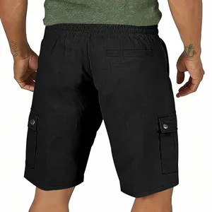 Detailed back view of black men's cargo shorts featuring slub cotton linen texture