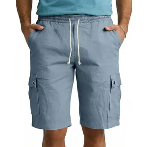 Detail of men's cargo shorts showing elastic waist with drawstring and side pocket
