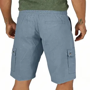 Back detail of men's breathable slub cotton linen cargo shorts in greyish-blue