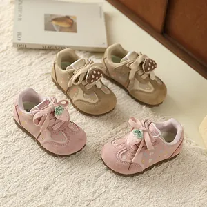 Girls Sweet Korean Style German Army Trainers Floral Patchwork Sneakers With 3D Strawberry Mushroom Decor Lightweight Casual Shoes