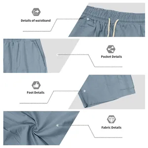 Details of waistband, pocket, hem and fabric texture for slub cotton-linen shorts