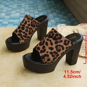 Elegant leopard print high-heeled platform sandals with 11.5cm heel height display