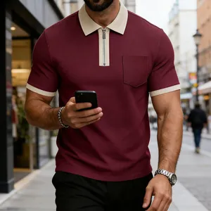 Men's stylish burgundy textured knit zip Polo shirt with contrast collar and pocket