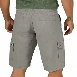 Back view of grey men's slub cotton linen cargo shorts with elastic waist