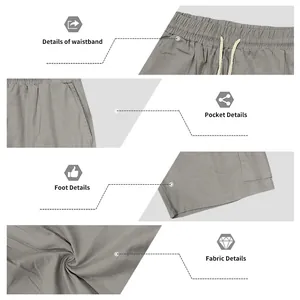 Detail view of cotton linen shorts waistband, pocket, leg opening, and fabric texture details.