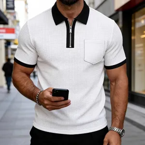 Men's casual short-sleeve zipper Polo shirt with contrast lapel and chest pocket