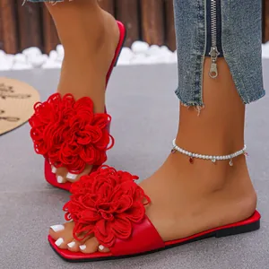 3D Fabric Flower Flat Slippers For Women Square Toe PU Leather Slide Sandals Summer Beach Holiday Casual Flip Flops Rubber Sole Outer Wear