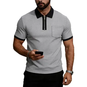 Grey men's casual short sleeve zipper Polo shirt with contrast collar and chest pocket