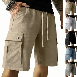 Men's Casual Slub Linen Blend Cargo Shorts Summer Outdoor Tactical Loose Five-Point Shorts With Drawstring Elastic Waist Bottoms