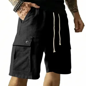 Men's outdoor cargo shorts in black slub cotton linen with elastic drawstring waist