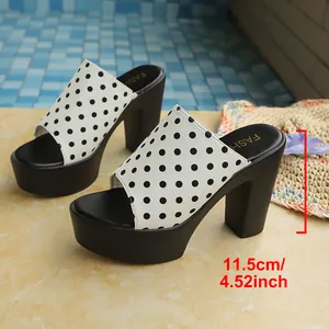 Stylish women's chunky high heel platform slide sandals featuring a classic black polka dot pattern