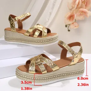 Detailed view of gold crocodile-pattern platform sandals showing 6cm heel height dimensions