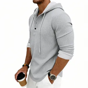 Detail side view of mens grey waffle knit hoodie Henley shirt with adjustable drawstring