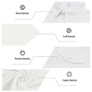 Detailed view of white corduroy men's work shirt showing collar, cuff and fabric texture