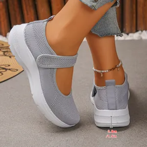 Detailed close-up of grey mesh breathable walking shoe showing the 3.8cm heel height