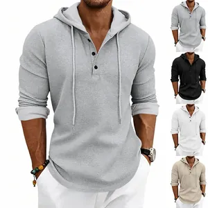 Men Waffle Knit Hooded Henley Shirt Vintage Long Sleeve Solid Color Loose Casual Pullover Top Soft Breathable Sweatshirt