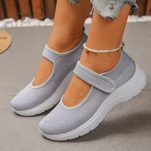 Grey breathable mesh Mary Jane sneakers with soft flat soles and velcro strap for comfort