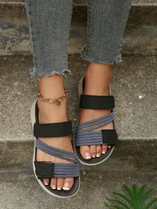 Sandales de plage décontractées pour femmes avec scratch et bandes élastiques rayées