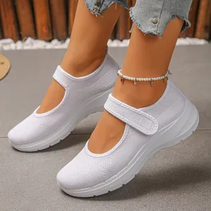 White breathable mesh knitted Mary Jane flats for women with soft sole detail