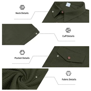 Detail view of men's heavy corduroy work shirt featuring neck, cuff, and fabric textures