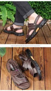 Sandales pour hommes en cuir de vachette marron, semelle souple antidérapante et respirante.