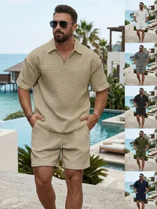 Men Waffle Knit Half Zip Polo Shirt And Shorts Top And Bottom Summer Casual Sporty Breathable Solid Color Loungewear