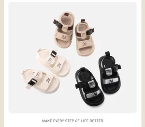 Detailed top view of toddler summer sandals in beige, cream, and black color options.