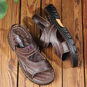 Sandales en Cuir Véritable pour Hommes Chaussures de Plage Respirantes Double Usage Pantoufles Décontractées Semelle Souple