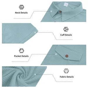 Macro view of light blue corduroy shirt showing neck, cuff, pocket, and fabric details.