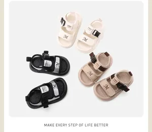 View of three toddler non-slip outdoor walking sandals in cream, black and beige colors