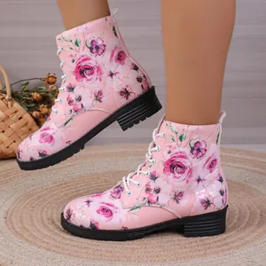 Stivali Martin Donna con Stampa Floreale Rosa Alta Lacci Punta Tonda Piattaforma Stivali da Lavoro Eleganti Autunno Inverno