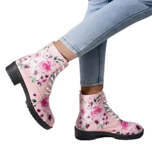 Eleganti stivaletti stringati da donna con stampa rosa e suola nera spessa in gomma
